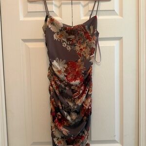 Spaghetti Strap Floral Ruched Dress - Brown Floral